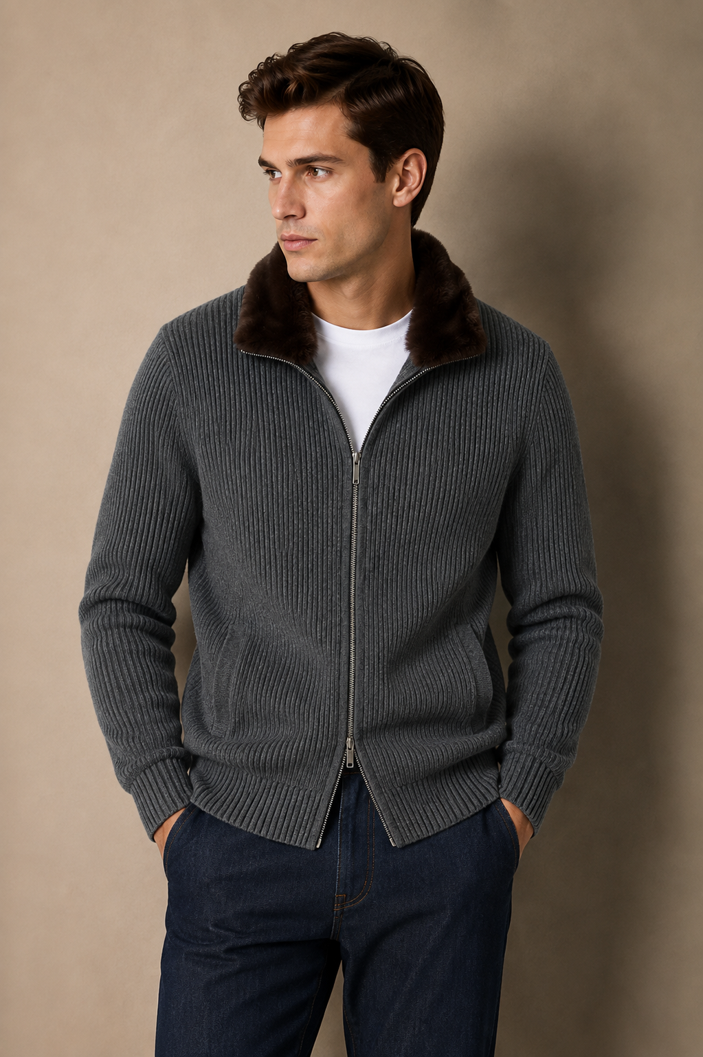 Fur Zipper "Stockholm"- Dark Grey